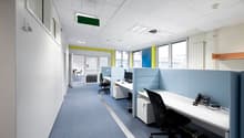 modern office space, blue flooring, blue and white partitions, desks, black office chairs, monitor and telephones