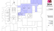 Floor plan of a commercial building with dining room, meeting room, kitchen, and common WC.