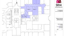 Commercial building floor plan with dining area, meeting room, kitchen, and common WCs.