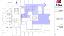Commercial building floor plan with common areas, dining room, kitchen, and storage.