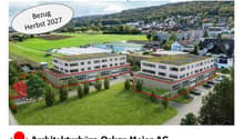 Two commercial buildings, Birchstrasse 24 and 26, Dänikon, availability from Autumn 2027, well-connected with transportation, flat terrain, solar panels on roofs, red-outlined areas on buildings, green landscaping, surrounding houses and buildings, distan