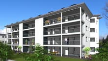 Modern apartment building, 4 floors, solar panels, balconies, white exterior, greenery surrounding the base.