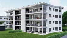 Modern apartment building, multiple stories, balconies, large windows, white walls, landscaped front area