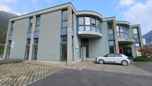Office building, modern design, glass facade, entrance, small car parked in front