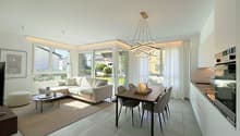 Modern design living room with dining area, white couch, large windows, wooden dining table, modern pendant light, rug, table lamp