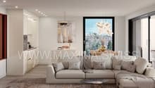 modern living room with large windows, beige sofa, coffee table, carpet, kitchen area, artwork