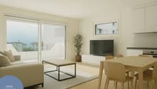 modern living room with sliding glass doors leading to a balcony, flat-screen TV, a potted plant, a wooden coffee table, a couch with cushions, dining table and chairs, and a white carpet