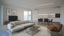 modern living room, L-shaped sofa, coffee table, leather armchair, television, dining table, white cabinetry, flower on table, carpet