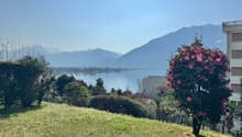 A garden with a view of a lake and mountains in the distance