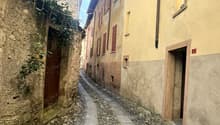 Narrow cobblestone street between two buildings, one with a brown door and the other with red shutters