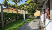 cobblestone path, archway with grape vine, hedge, grass, yellow building with red roof, tree