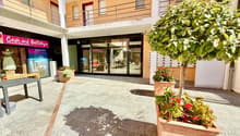 Apartment building entrance, balcony with railing, glass doors, greenery with flowering plants