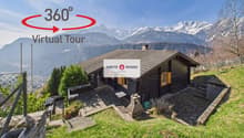 wooden chalet, steep slope, mountain view, satellite dish, garden, bench, potted plants