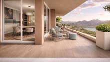 modern balcony with wooden floor, glass walls, outdoor furniture, dining table, view of mountains and lake