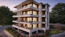 Modern multi-story building with multiple balconies, large windows, and a parking area.