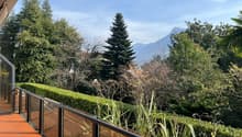Balcony with glass railings, tiled floor, hedges, trees, mountain view
