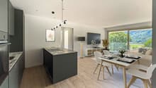 modern kitchen, dining table, couch, television, balcony with mountain view