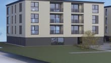 A modern architectural design featuring multiple stories with balconies, large windows and a grassy lawn in front
