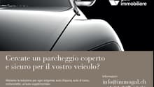 Image advertising covered and secure parking for vehicles. It highlights a specific location for this service: Roveredo GR.