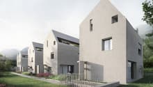 Modern architectural design, raised ground floor, terrace, multiple windows, walkway, bicycles, garden, mountains