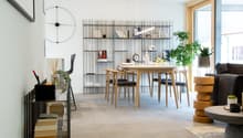 Modern interior with dining table, chairs, shelves with books, plants, and decor items.
