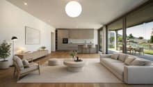 Open plan living room with kitchen, large windows, balcony, hardwood floor, modern furniture, plants