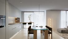 modern kitchen, dining area, bar stools, glass table, white flooring, ceiling lamps, floor lamp, sink, white cupboards