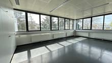 Large open office space with floor-to-ceiling windows, suspended ceiling with ventilation grilles, and concrete flooring. The space appears to be empty and ready for use.
