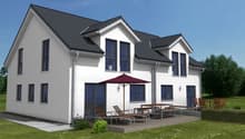 2 story white house, gray roof, large glass windows, outdoor seating, patio, black gutters