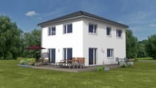 2 story house, white exterior, large windows, patio with outdoor furniture, garden, trees