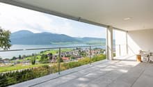 glass railing, tiled floor, mountain view, lake view, city view