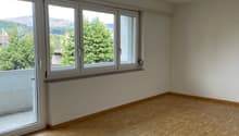 Empty room with large windows, wooden floor, white walls, balcony
