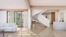 modern design, white couch, wooden floor, glass windows, spiral staircase, wooden beams