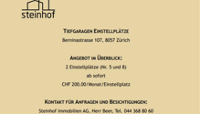 Available storage units in an underground garage, available immediately for CHF 200.00 per month.