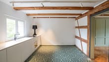 kitchen, wooden beams, window, floor tiles, kitchen counter, oven, lamp, sink