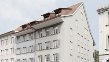 4 story house, brown roof, white wall, glass windows, raised ground floor