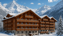wooden exterior, multiple balconies, snow-covered roof, surrounded by mountains