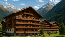 large wooden chalet, multiple balconies, surrounded by mountains, green lawn