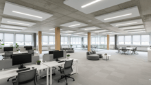 An office room with desks, monitors, chairs, couch, coffee table, and potted plants.