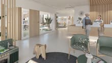 Reception area, waiting area, consultation rooms, open floor plan, natural light, wooden elements, modern furniture, plants, children's play area