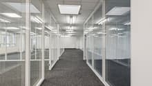 An empty, modern office space with glass walls and doors, and a gray carpet.