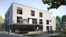 modern white house, 3 floors, balcony on the second floor, glass entrance, plants
