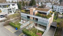 3 story house, green roof, glass balcony, garage, car parked
