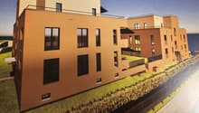 multi-storey building, beige exterior, glass windows, roof terrace, sea view