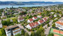 Vogelperspektive mit Blick auf den Zürichsee und Uetikon am See