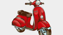Red vintage-style scooter with chrome accents, large headlight, and storage compartment