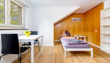 small room with a bed, desk, and chairs, wooden wall, window