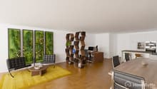 wooden floor, white walls, black leather chairs, yellow rug, table, office desk with computer, open shelving unit, kitchen with oven