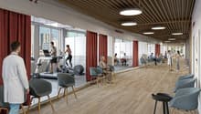 A gym with treadmills, weight machines, and people exercising or sitting on chairs.