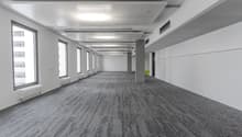 wide hallway, white walls, large windows, gray carpet